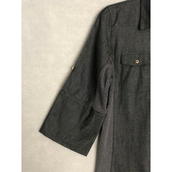 NY Collection Petite Women's PM Chambray Knit Panel Button Down Top Charcoal NEW - Picture 4 of 7